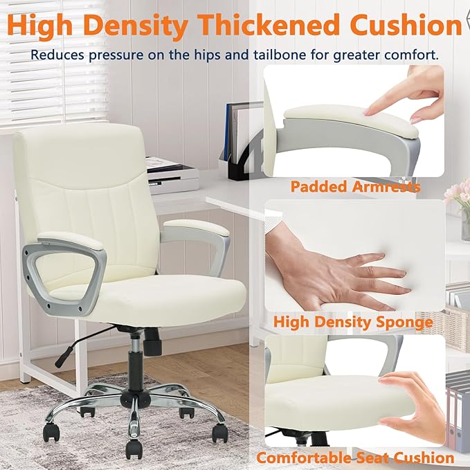 CLATINA Office Computer Desk Chair Executive Mid Back Chair Comfortable Ergonomic Managerial Chair Adjustable PU Leather Home Office Desk Chair Swivel, White 1PK