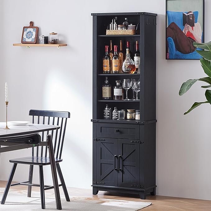 72in Tall Bookshelf 7 Tier Bookcase with Drawer and Barn Doors and Adjustable Shelves, Black Farmhouse Book Shelf with Storage Cabinet, Wood Freestanding Display Bookshelves for Kitchen (2PCS)