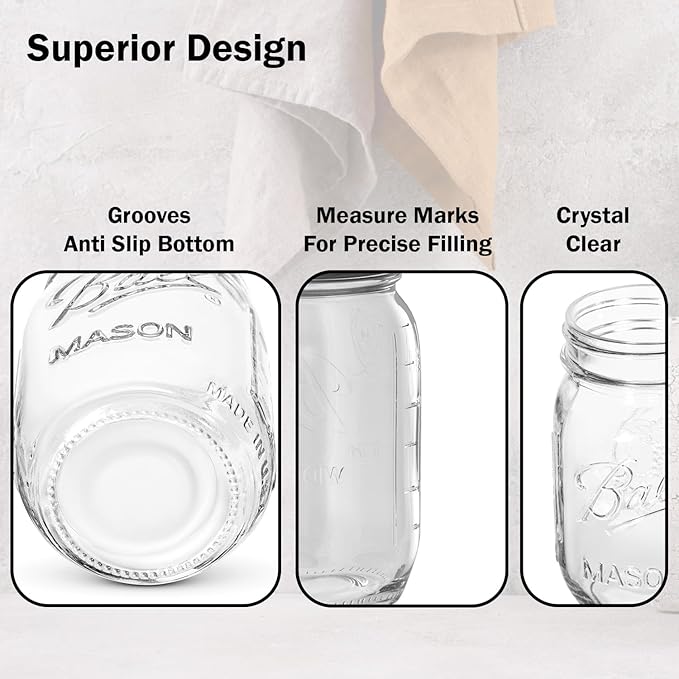 Ball Regular Mouth Mason Jars 32 oz. (12 Pack) - Quart Size Jars with Airtight Lids and Bands for Canning, Fermenting, Pickling, Meal Prep or DIY Decors and Projects Bundled with Peaknip Jar Opener