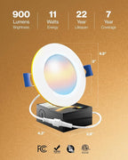 Sunco 4 Inch LED Recessed Lights with Night Light, Slim Ceiling Lighting, 900 LM, 11W (110W Equiv), Selectable CCT 2700K/3000K/3500K/4000K/5000K, Dimmable, Canless with Junction Box ETL 4 Pack.