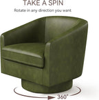 Swivel Barrel Accent Chair, Round Faux Leather Living Room Arm Chairs, Modern Upholstered Comfty Reading Nook Chairs for Bedroom, Small Club Armchair, Single Sofa Side Chair, Green