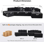 140''Oversized Cloud Velvet Curved Sectional Couch, Boneless Couch with L-Shape Chaise, Upholstered Compression Memory Foam Modular Sectional Sofa for Living Room, No Assembly Required, Black