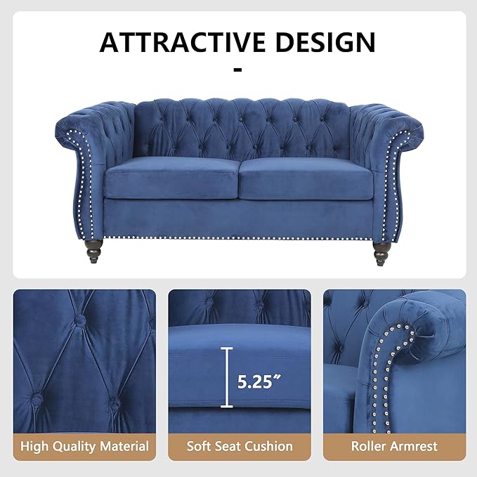 Living Room Velvet Sofa and Loveseat set, Mid Century Modern Upholstered Couch with Cushions, 2-Piece Home Sofa Furniture Sets, Comfy Tufted Chesterfield Couches for Living Room, Bedroom, Office