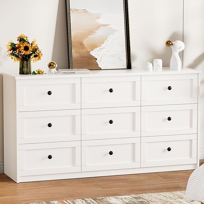 CHUWELL White Dresser for Bedroom, 59.1" Wide Dressers & Chests of Drawers with Large Capacity Storage,9 Drawers Dresser for Bedroom
