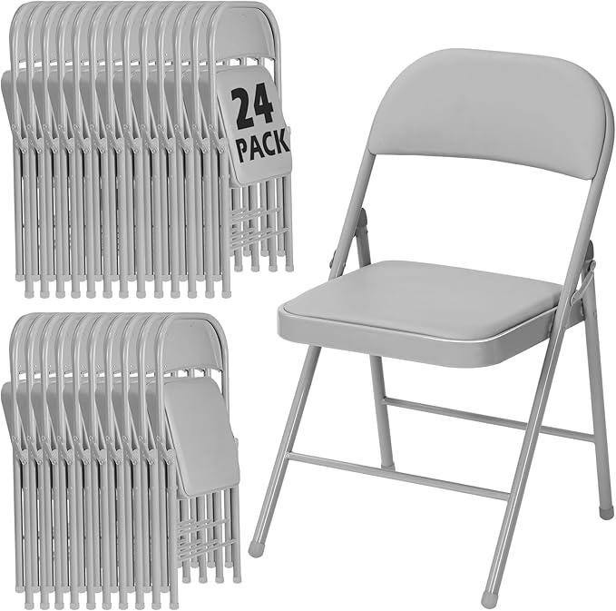 24 Pack Gray Folding Chairs with Padded Cushion for Outside, Portable Stackable Commercial Metal Foldable Chairs with Steel Frame for Home Events Office Wedding Party, 350lbs Capacity