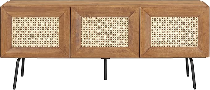 NTC Mossic TV Media Cabinet with 3 Doors for TVs, Entertainment Center with Natural Rattan, Metal Legs, Modern Storage Console for Living Room and Bedroom, Effortless Assembly, Teak Look