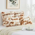 FUTEI Brown White Decorative Throw Pillow Covers 16x16 Inch Set of 2,Soft Fuzzy Faux Rabbit Fur Cushion Covers with Raised Texture,Neutral Boho Home Decor for Couch Bed Living Room