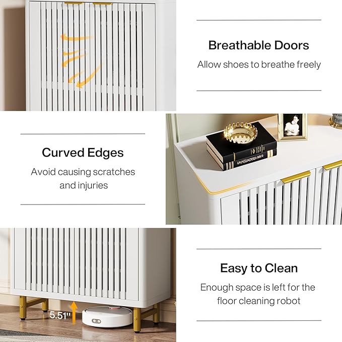 Tribesigns 6-Tier Farmhouse Shoe Cabinet with Shutter Doors, Wooden Shoe Organizer Rack with Adjustable Shelves, Modern Large Hidden Storage Furniture for Entryway, Hallway (White&Gold)