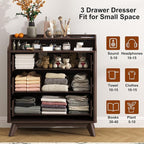 3 Drawer Dressers for Bedroom, 32" Large Wood Storage Dresser & Chest of Drawers with Charging Station, Wide Modern Dressers with 3 Drawer Storage Organizer for Bedroom Living Room Closet Brown