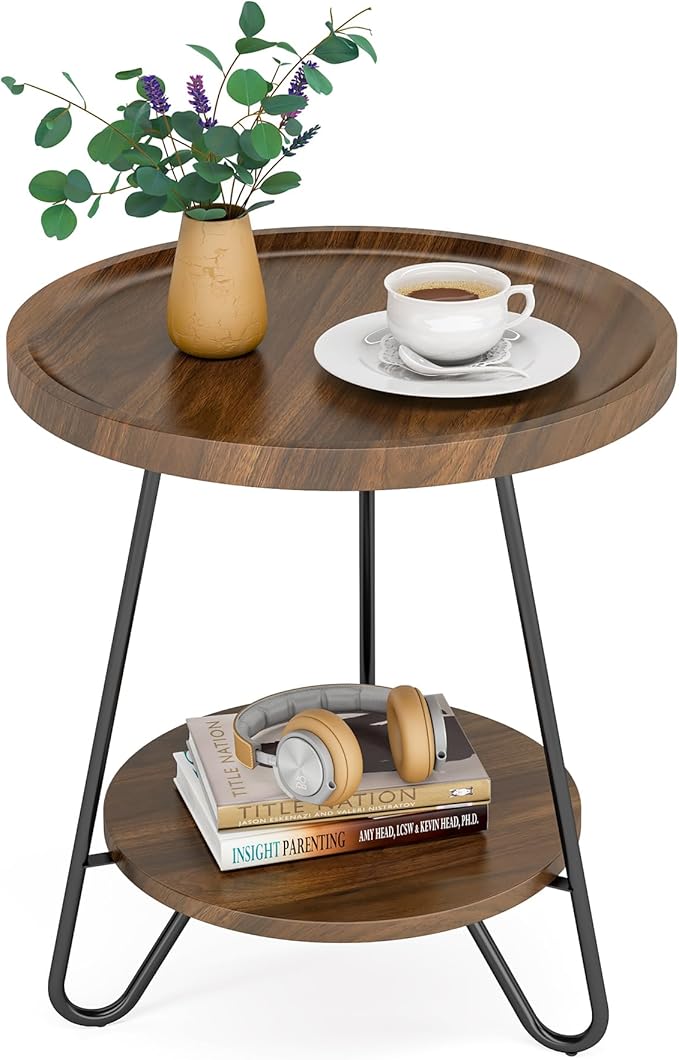 Tribesigns Round Side Table, 2-Tier End Table with Metal Legs, Modern Industrial Beside Table, Small Accent Table Snack Table for Living Room, Bedroom, Small Space, Easy Assembly, Brown