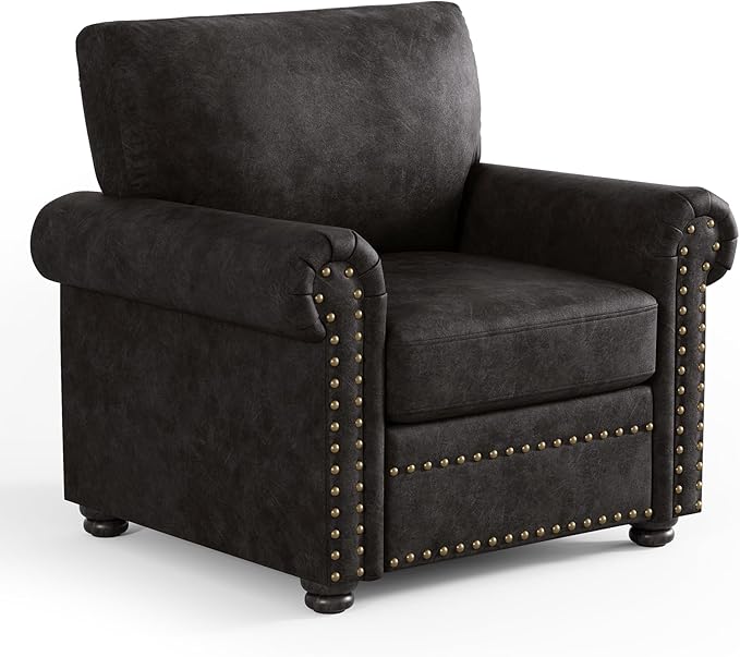 ONBRILL Nailhead Trim Accent Chair, Faux Leather Club Chair for Living Room, Comfy Armchair with Springs Cushions & Solid Wood Legs, Traditional Rolled Arms Single Sofa for Bedroom, Apartment, Black