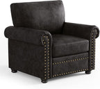 ONBRILL Nailhead Trim Accent Chair, Faux Leather Club Chair for Living Room, Comfy Armchair with Springs Cushions & Solid Wood Legs, Traditional Rolled Arms Single Sofa for Bedroom, Apartment, Black