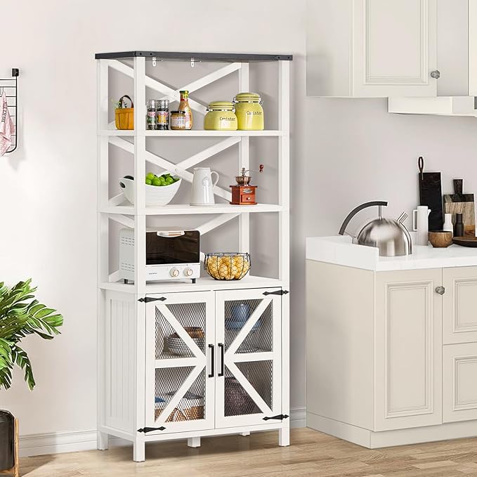 5 Tier Bookshelf 70" Rattan Boho Tall Bookcase with Barn Doors,Large Farmhouse Display Book Shelf with Adjustable Shelves and Storage Cabinet，Wood Bookshelves for Living Room,Kitchen,Natural