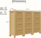 Modern 12-Drawer Solid Wood Dresser with Fluted Front & Gold Handles, Multifunctional Tall Storage Chest, for Hallway, Entryway, Natural X3