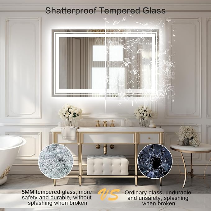 WTTY LED Bathroom Mirror 55"x36" with Back and Front Light,Modern LED Mirror for Bathroom,Stepless Dimmable Lighted Bathroom Vanity Mirror with Anti-Fog,Memory Function,Shatter-Proof