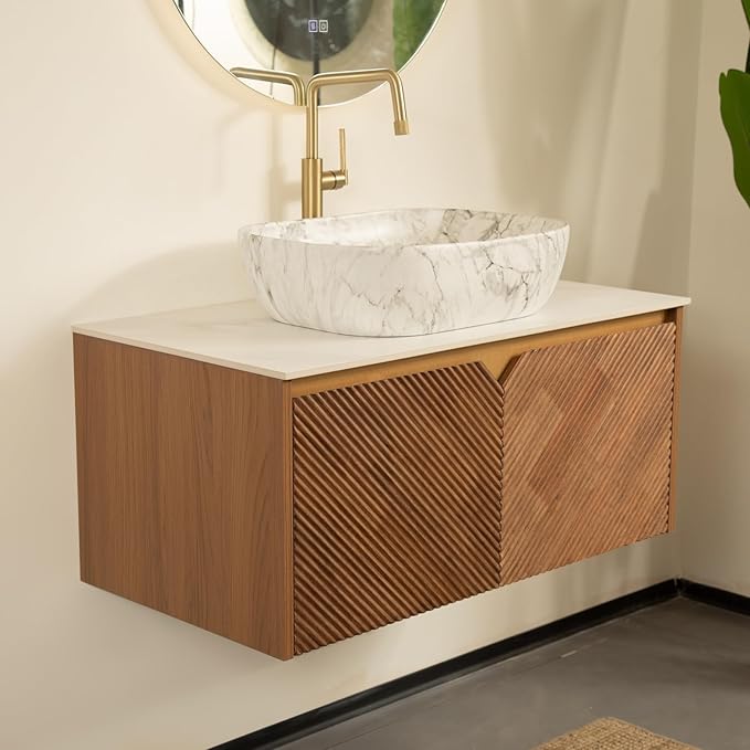 Floating Bathroom Vanity with Sink, 36 Inch Fluted Vanity with Vessel Sink, Modern Bathroom Vanity Cabinet with 2 Doors, Oval Marble Vessel Ceramic Sink & Sintered Stone Top, Oak