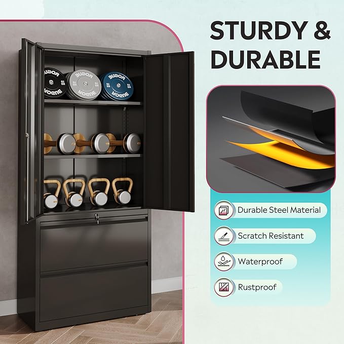 DEVAISE File Cabinet with 2 Drawers and Doors, Black Locking Metal Storage Cabinet with Adjustable Shelves for Home Office, Warehouse, Garage, School