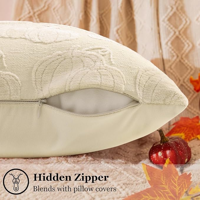 decorUhome Decorative Two Beige Pumpkins Thanksgiving Throw Pillow Covers 18x18 Set of 2, Soft Chenille Jacquard Farmhouse Textured Pillow Covers for Couch Bed Sofa Autumn Harvest Halloween Holiday