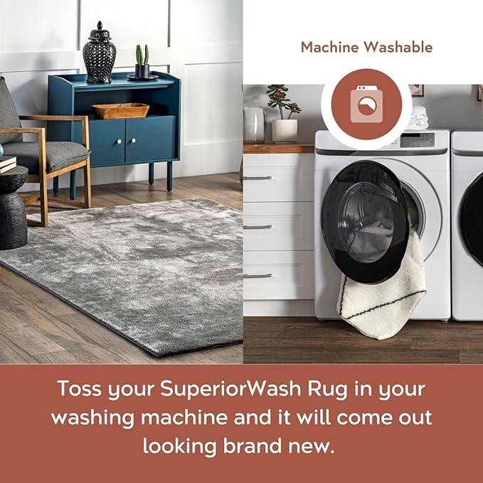 nuLOOM 4' x 6' Cozy Plush SuperiorWash Area Rug, Machine Washable, Non-Slip, Soft Fluffy Shag Carpet for Living Room Bedroom Kids Room Nursery Home Decor, Loni Grey