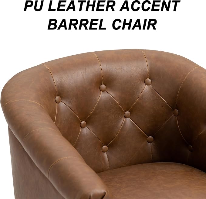 Pia Ricco Faux Leather Barrel Accent Chair, Comfy Club Armchair with Solid Wood Legs, Nailhead Trim Upholstered Single Sofa Chair for Living Room Bedroom/Reading Room, Tan