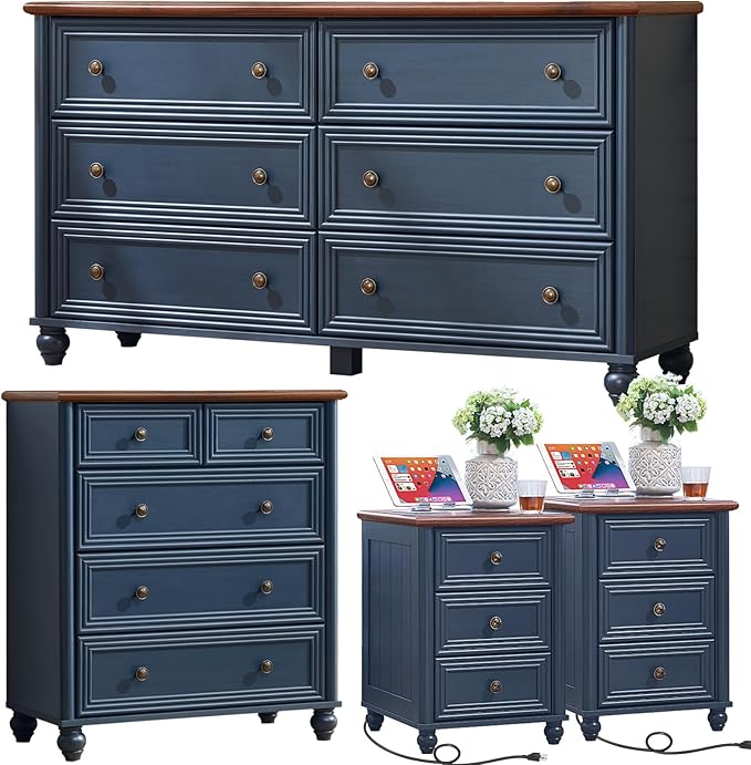 Farmhouse Dressers & Night Stand Set of 4, Wood 54" Wide Dresser & 35" Tall Chest of Drawers, 18" with Charging Station Nightstand Set of 2, Bedroom Furniture Dresser Set for Home Living Room Hallway