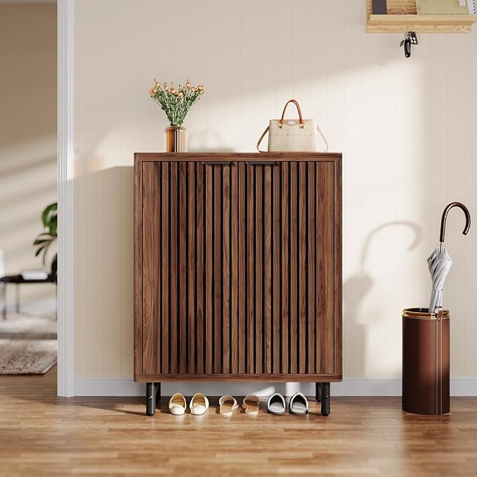 Tribesigns 6-Tier Farmhouse Shoe Cabinet with Shutter Doors, Wooden Shoe Organizer Rack with Adjustable Shelves, Modern Large Hidden Storage Furniture for Entryway, Hallway (Black&Brown)