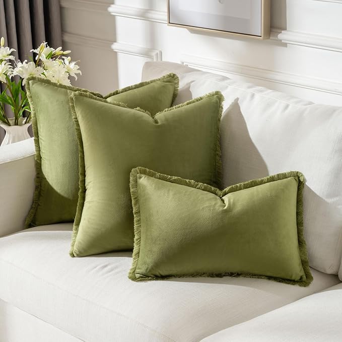 FUTEI Sage Green Velvet Decorative Throw Pillow Covers 18x18 Set of 2,Soft Cozy Edge with Tassels Cushion Case,Boho Modern Home Decor for Couch Bed Living Room