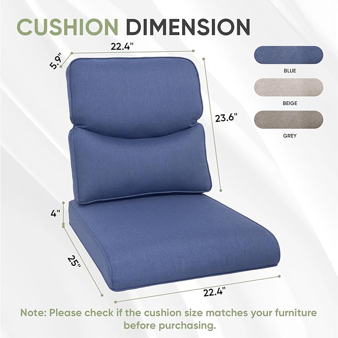 Outdoor Chair Cushion Set of 2, Waterproof Outdoor Seat Cushions 25x22, Patio Chair Cushions for Outdoor Furniture, Couch Cushion Replacement, Include 2 Back & 2 Seat Cushions, Smile/Blue