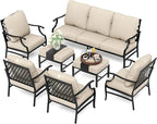 HERA'S HOUSE 7 Piece Patio Furniture Set, 4 x Fixed Metal Cushioned Chair, 2 x Cushioned Ottoman, 1 x 3-Seat Sofa, Outdoor Conversation Set for Lawn Garden Backyard Poolside