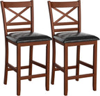 COSTWAY Barstools Set of 2, 25” Counter Height Mid Century Modern Island Chairs with Back, Soft Cushion & Faux Leather Seat, Wooden Armless Kitchen Stools for Home, Cafe Shop, Restaurant, Pub