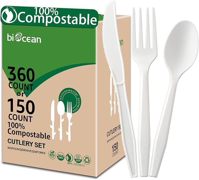 100% Compostable No Plastic Utensils - Heavy Duty Eco-Friendly Flatware for Lounge, Party, Wedding, BBQ, Picnic, Camping [Utensils Set, 360 Count]