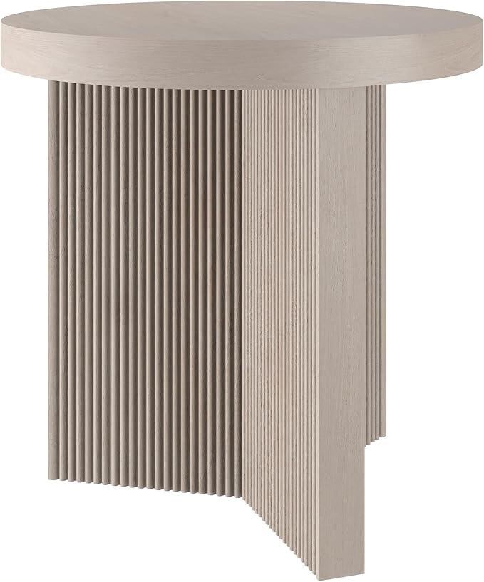 Henn&Hart 22" Fluted Scandinavian Round End Table, Ribbed Side Table, Nightstand for Living Room, Office, Family Room, or Bedroom, Alder White