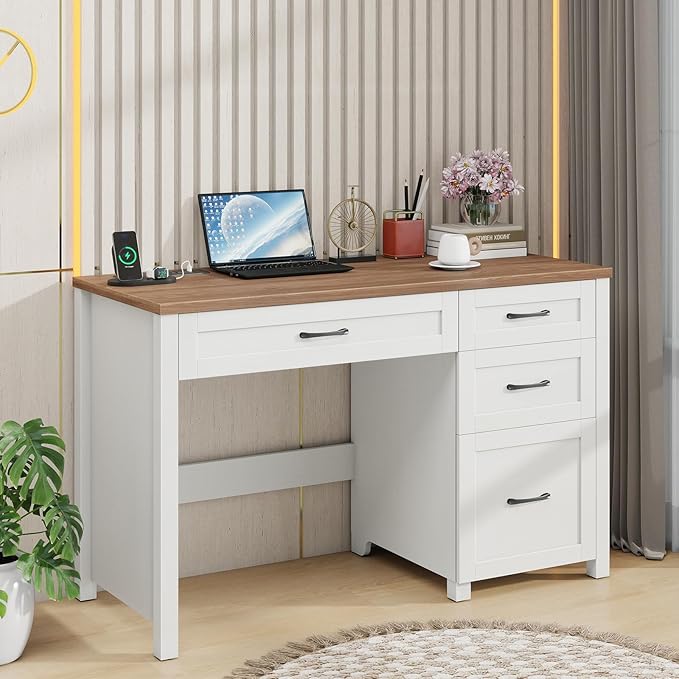 Vabches Farmhouse 47" Executive Desk, Computer Desk with File Drawer and Charging Station, Workstation for Home Office & Study（Off White