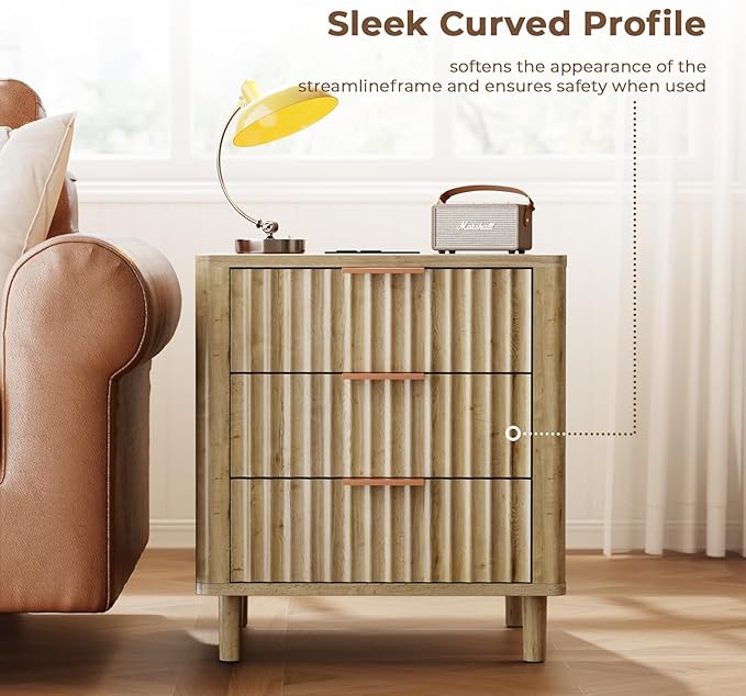 Fluted Nightstand Set of 2, Multifunctional 3 Drawers Storage Bedside Table with Charging Station, Wood Modern Nightstand, Curved Profile Design, End Table for Indoor Room Bedroom, Oak