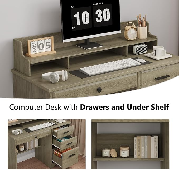 4 EVER WINNER Computer Desk with Drawers, Small Desk with Monitor Stand and File Drawer, Wood Desk with Storage, Writing Desk for Bedroom Home Offic, Grey