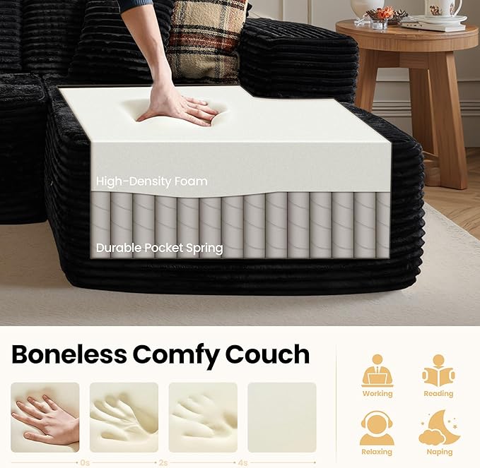 104" Cloud Sectional Couch with Chaise, Boneless L-Shaped Cloud Couch with Deep Seat, Soft Plush Modern Minimalist Sofa, Assembly Free Comfy Sofa for Office Living Room Apartment(Black, Right Chaise)