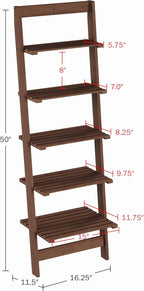 5-Tier Ladder Shelf - 50-Inch Narrow Leaning Bookshelf - Wooden Bookcase for Living Room, Bathroom, Kitchen, Office, or Bedroom Furniture by Lavish Home (Walnut)