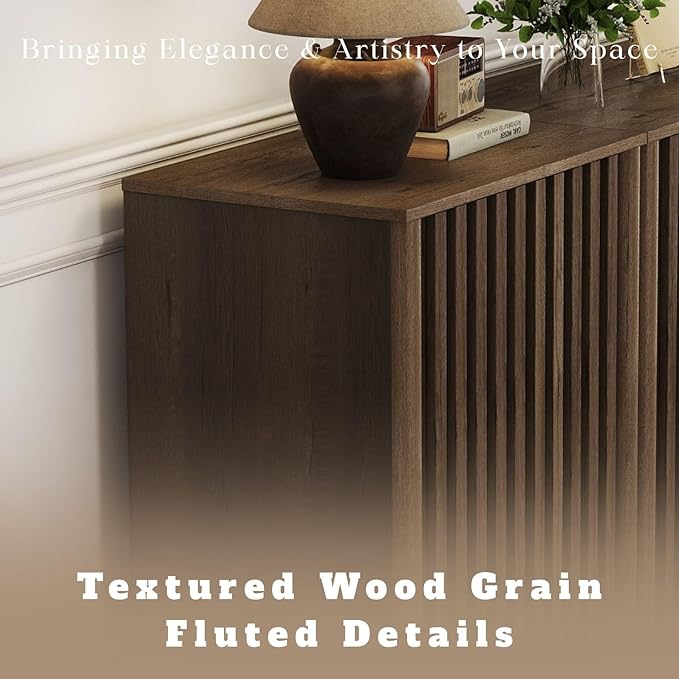 LukeAlon Fluted Sideboard Cabinet with Storage, Mid-Century Modern Accent Buffet Cabinet, 70" Wooden Credenza Cabinets for Living Room Dining Room Entryway Hallway, Walnut Color