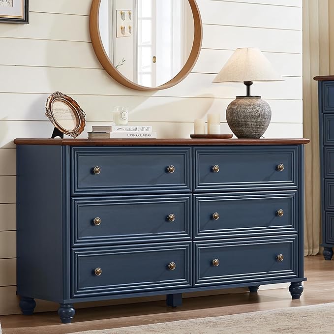 6 Drawers Dresser for Bedroom, Farmhouse 54" Wide Wood Dressers Chest of Drawers, Vintage Design TV Stand, Rustic Storage Dresser Organizer with Metal Handle Closet for Living Room, Hallway