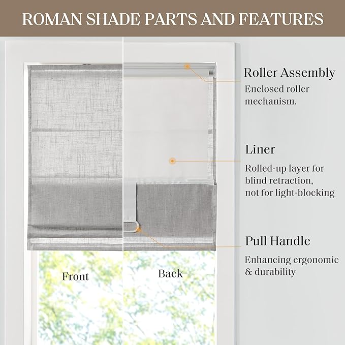 Madison Park Kyler Cordless Roman Shades - Single Panel, Lightweight Linen Blend Fabric, Natural Design, Easy Installation, Light Filtering Window Blind, Bedroom, Living Room Decor 29" W x 64" H Grey