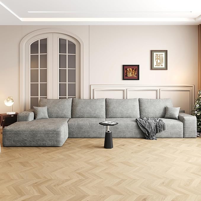 135.4'' Oversized Cloud Sofa Sectional Couch, Boneless Couch with L-Shape Chaise, Upholstered Compression Modular Sectional Sofa for Living Room, No Assembly Required (Grey, Left Facing Chaise)