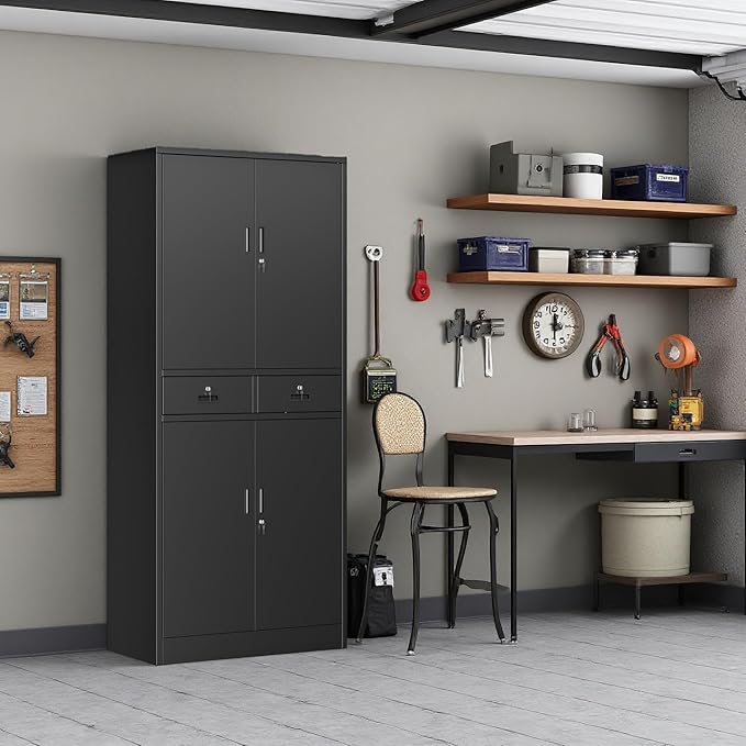 BESFUR Metal Cabinet, Garage Storage Cabinet with Drawer and Adjustable Shelves for Garage, Office, School - Black