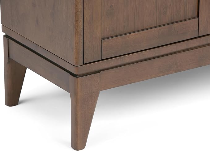 SIMPLIHOME Harper SOLID WOOD 30 inch Wide Mid Century Modern Low Storage Cabinet in Walnut Brown, with Large Space Behind 2 Sliding Notched Handle Doors with 2 Adjustable Shelves