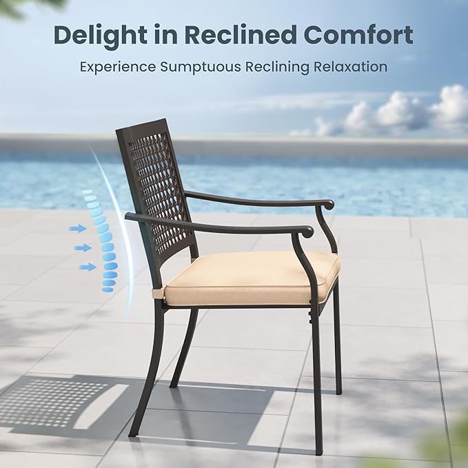 PHI VILLA Outdoor Metal Dining Chairs Set of 4, Black Wrought Iron Stackable Chairs with Cushions, Heavy-Duty Seating Furniture for Patio, Deck, Yard, Porch