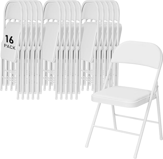 SEALAMB 16 Pack White Folding Chairs with Padded Seats & Cushion, Durable Metal Foldable Chairs for Wedding Party, Commercial Chairs for Office School Church Events, 330lb Capacity (White-PU, 16 Pack)