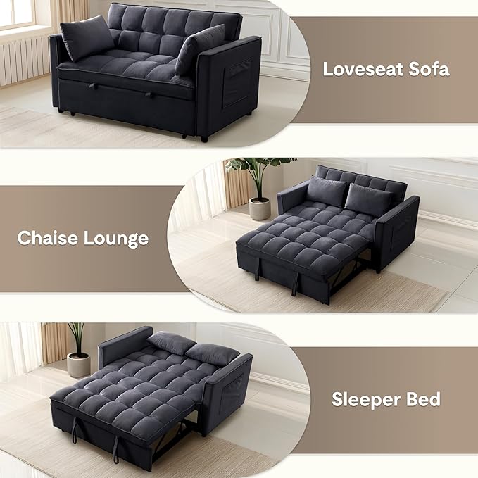 FLEXISPOT XCT4 3-in-1 Convertible Loveseat Sofa Bed for Small Spaces, Velvet Pull Out Couch with Adjustable Backrest, Compact Twin Sleeper Chaise Lounge Futon for Apartment Dorm RV Guest Room, Black