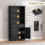 72'' Tall Bookcase with Doors and Drawers, Adjustable Shelves, P2 MDF Construction, 32'' Wide Freestanding Cabinet with Metal Handles, Hidden Storage for Living Room, Bedroom, Black