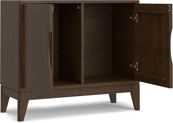 SIMPLIHOME Harper Buffet - 38 inch Wide Solid Hardwood 2-Door Sideboard Buffet in Walnut Brown, Mid-Century Modern Cabinet for Dining Room or Kitchen with Adjustable Shelves and Tapered Legs