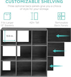 Best Choice Products 9-Cube Storage Organizer, 13.5in Shelf Opening, Bookcase, Display Shelf, Customizable w/ 3 Removable Back Panels – Dark Gray