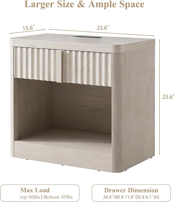 Fluted Nightstand Set of 2 with Charging Station, 23.6" End Table with Open Shelf and Drawers Storage, Bedside Table with Solid Wood Handle, Curved Profile Design, Night Stand for Bedroom